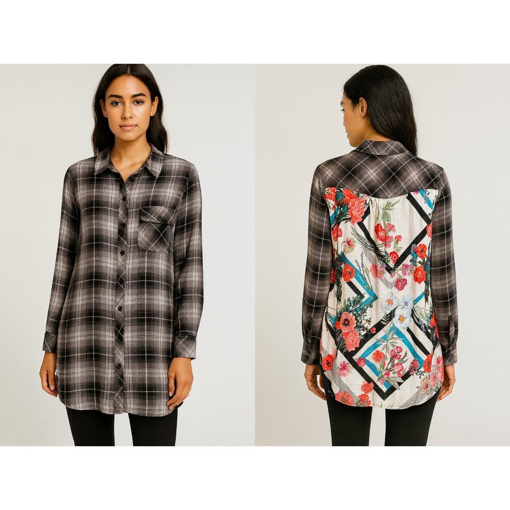 Tolina Plaid & Floral Mixed Media Tunic Shirt  XS – 100% Viscose has Pockets NEW